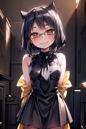 masterpiece, best quality, (solo:1.1), 1girl ,in yellow and black style,( arms behind back :1.3),(loli:1.3),black hair, factory background,fusion of honeycomb and suit,smile,glasses,bee necktie