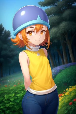 masterpiece, best quality, (solo:1.3), 1girl , arms behind back,looking_at_viewer, orange_hair, smile,SoraDef, orange eyes, sleeveless, shirt, jeans, helmet, short hair,yellow shirt,loli,blue forest background,