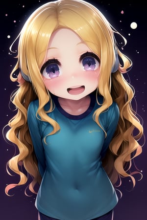 masterpiece, best quality, (solo:1.1), 1girl ,looking at viewer,( arms behind back :1.3),loli, blonde hair,  face focus,from above, wavy hair, long sleeves top ,,open mouth,smile,night tunnel background,paint scans in the floor,