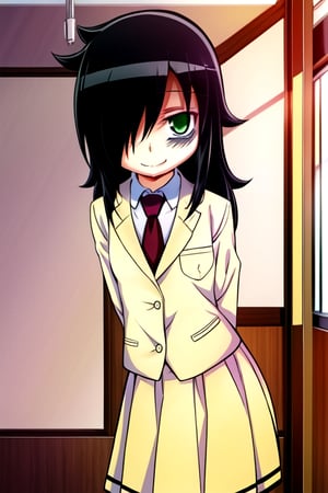 masterpiece, best quality, (solo:1.3), 1girl , arms behind back,looking_at_viewer,long hair, black-hair,hair over in one eye,school uniform, classroom,bags under eyes, watamote,loli,necktie,naughty_face, yellow jacket,yellow skirt ,green-eyes,embarassed smile,