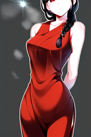 masterpiece, best quality, (solo:1.1), 1girl ,looking at viewer,(arms behind back :1.3),  collarbone,sleeveless dress, , red chinese dress,black long pants, black hair,curvy,black obi,(single braid:1.3),wind_chime theme