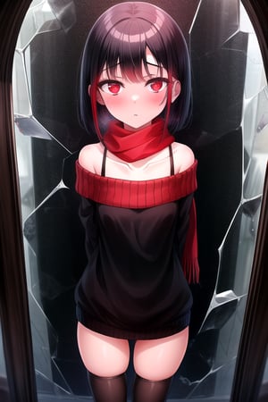 masterpiece, best quality, (solo:1.1), 1girl , arms behind back,looking_at_viewer,horror theme,sweater,(mini_girl:1.3), off_shoulder,loli,black stockings, reflection,broken glass,red scarf,short_hair,IncrsBrknGls