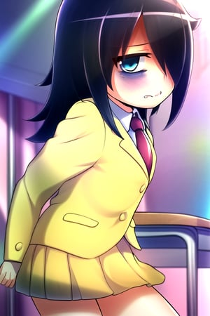 masterpiece, best quality, (solo:1.3), 1girl , arms behind back,looking_at_viewer,long hair, black-hair,hair over in one eye,school uniform, classroom,bags under eyes, watamote,loli,necktie,naughty_face, yellow jacket