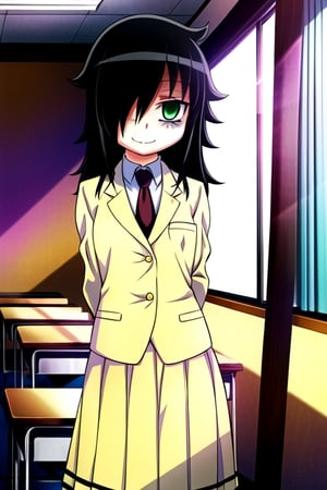 masterpiece, best quality, (solo:1.3), 1girl , arms behind back,looking_at_viewer,long hair, black-hair,hair over in one eye,school uniform, classroom,bags under eyes, watamote,loli,necktie,naughty_face, yellow jacket,yellow skirt ,green-eyes,embarassed smile,