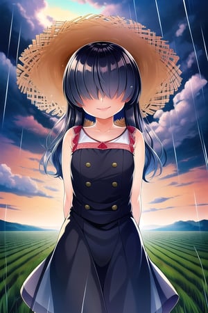 masterpiece, best quality, solo, 1girl,arms behind back,loli,rain, small_breast, smile,(dusk:1.3), Beside the rice fields,black_hair red dress,straw hat,(no eyes:1.2), wet_clothes