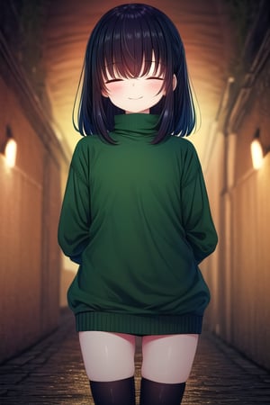 masterpiece, best quality, solo, 1girl, (arms behind back:1.1),loli,dark tunnel,looking at viewer,long_hair,  black_hair, closed_eyes,(green sweater:1.3),smile,  sleeves_past_wrists,  turtleneck, closed_mouth, bangs, flat_chest,long_sleeves,black legswear,oversized_clothing,little girl,