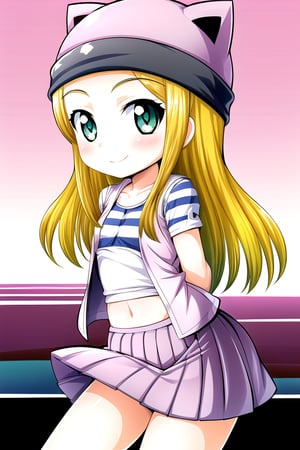 masterpiece, best quality, (solo:1.3), 1girl, loli, arms behind back,looking_at_viewer,OrimotoIzumi,  purple vest,horizontal striped shirt, beanie, cat hat, green eyes, purple  skirt,smile, blonde,