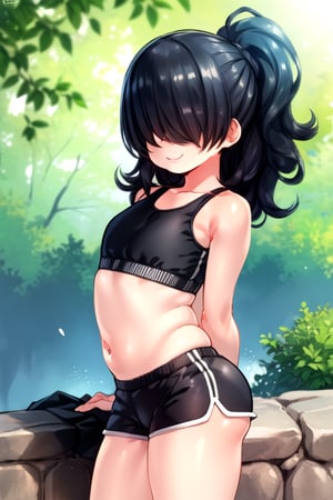 masterpiece, best quality, (solo:1.3),1girl,falling water from hill, sports bra,hot shorts, arms_behind_back,,black_hair,looking_at_viewer,,seductive smile,(hair over eyes:1.3), 