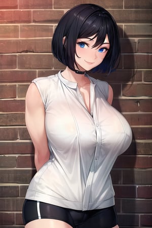 masterpiece, best quality, solo, 1girl, (arms behind back:1.1),brick wall,looking at viewer,smile,gigantic_breast, blue eyes, black hair,short_hair, white shirt, black bike_shorts,collarbone