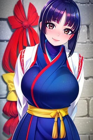 masterpiece, best quality,solo,1girl, looking at viewer, (arms behind back:1.3),green and blue style,japanese clothes,MulanWaifu,gigantic_breasts,obi,long_sleeves,brown_eyes,black_hair,japanese dress,smile,