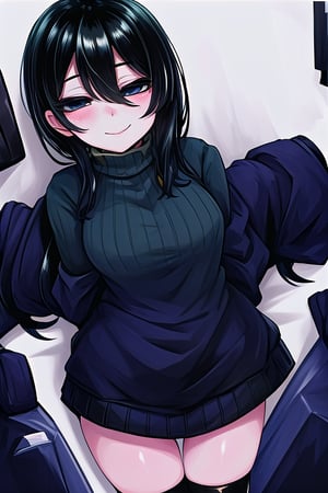 masterpiece, best quality, solo, 1girl, (arms behind back:1.1),loli,dark tunnel,looking at viewer,long_hair,  black_hair, closed_eyes,green sweater,smile,  sleeves_past_wrists,  turtleneck, closed_mouth, bangs, long_sleeves,stockings