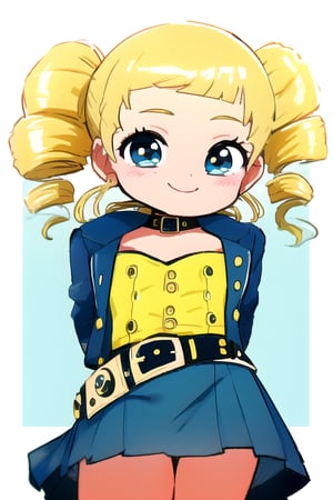 masterpiece, best quality,solo,1girl, looking at viewer, arms behind back,buttercup,loli,blue and yellow style,ppgzbb , black leotard, sleveless blue  jacket , blueskirt,r,mesugaki, belt,(loli:1.3),smile,twintails,blonde drill hair, 