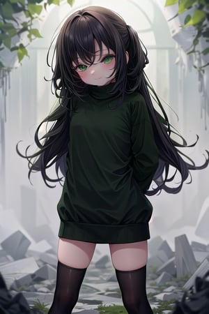 masterpiece, best quality, solo, 1girl, (arms behind back:1.1),loli,dark tunnel,looking at viewer,long_hair,  black_hair, closed_eyes,(green sweater:1.3),smile,  sleeves_past_wrists,  turtleneck, closed_mouth, bangs, ,flat_chest,long_sleeves,(black legswear:1.3),oversized_clothing,(little girl:1.2),