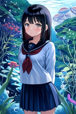 masterpiece, best quality, (solo:1.1), 1girl ,looking at viewer,in red and black style,( arms behind back :1.3),fish, stairs, scenery, solo, skirt, railing, black hair,  underworld, like aquarium, school uniform, long wavy hair, underwater, serafuku, wide shot, jellyfish, pleated skirt, bubble, coral, underworld,watercolor,shaonv,kawaiitech,Underwater world,