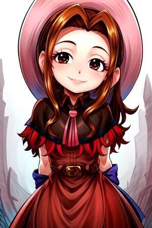 masterpiece, best quality, (solo:1.3), 1girl , arms behind back,looking_at_viewer,Tachikawa Mimi, long hair, brown hair, brown eyes, hat, dress, belt, red dress, gloves, sidelocks, capelet, pink hat, fringe trim, short sleeves,smile 