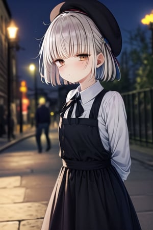 masterpiece, best quality,solo,1girl, looking at viewer, arms behind back , loli,black suspender_skirt,  brown_eyes,  long_sleeves, dusk park background, collared_shirt,  black_ribbon, bow, mole_under_eye,black beret,light brown hair,white hair flower,street lamps,