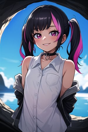 masterpiece, best quality,solo, cosplay, 1girl, black  hair,little girl,loli,mesugaki,looking at viewer,smile,in dark hole, arms behind back ,choker,off_shoulders,pink  streaked hair, twin_tails,collared_shirt,cropped_jacket,blue elbow_gloves,