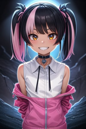 masterpiece, best quality,solo, cosplay, 1girl, black  hair,little girl,loli,mesugaki,looking at viewer,grin,in dark hole, arms behind back ,choker,off_shoulders,pink  streaked hair, twin_tails,collared_shirt,cropped_jacket,blue elbow_gloves