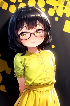 masterpiece, best quality, (solo:1.1), 1girl ,in yellow and black style,( arms behind back :1.3),(loli:1.3),black hair, lfactory background,fusion of honeycomb and dress,smile,glasses,loli,from above, 