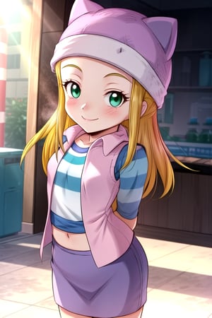 masterpiece, best quality, (solo:1.3), 1girl, loli, arms behind back,looking_at_viewer,OrimotoIzumi,  purple vest,horizontal striped shirt, beanie, cat hat, green eyes, purple  skirt,smile, blonde,