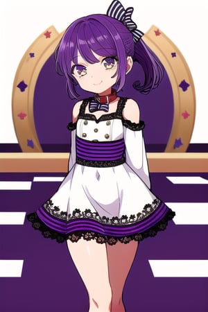 masterpiece, best quality, (solo:1.3), 1girl , arms behind back,looking_at_viewer,loli,mini_girl,purple_hair,long_sleeves,long_ponytail,smile,sleeveless dress, whitedress, flat chest,hair_ornament, bowtie, collar, off_shoulder, lace, striped,in fashion show,on catwalk