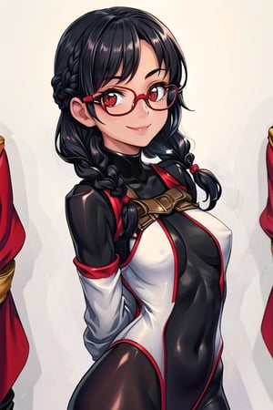 masterpiece, best quality,solo,1girl, looking at viewer, arms behind back,black bodysuit with red stripe,in ,black_hair,smile,glasses,gallery background,braid,loli,