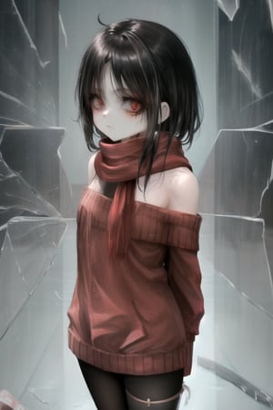 masterpiece, best quality, (solo:1.1), 1girl , arms behind back,looking_at_viewer,horror theme,sweater,(mini_girl:1.3), off_shoulder,loli,black stockings, reflection,broken glass,red scarf,short_hair,IncrsBrknGls