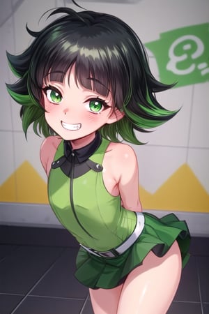 masterpiece, best quality,solo,1girl, looking at viewer, arms behind back,(buttercup),loli,green and black style,green skirt,bare_legs,green bodysuit,black_hair,bareshoulders,green eyes,grin,messy hair,black waistband,short_hair,colored inner hair, mesugaki, 