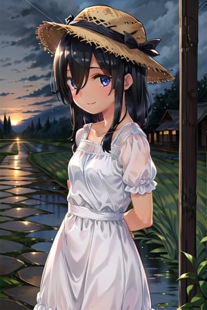 masterpiece, best quality, solo, 1girl,arms behind back,loli,rain, small_breast, smile,(dusk:1.3), Beside the rice fields,black_hair white dress,straw hat,(hat cover eyes:1.2)