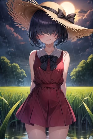 masterpiece, best quality, solo, 1girl,arms behind back,loli,rain, small_breast, smile,(dusk:1.3), Beside the rice fields,black_hair red dress,straw hat,(no eyes:1.2), wet_clothes