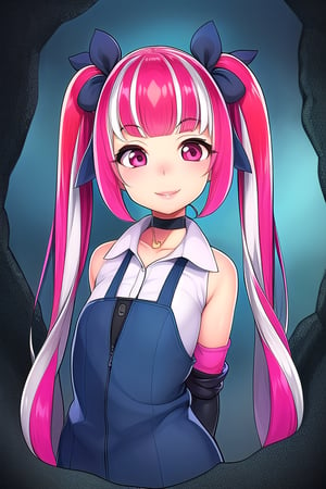 masterpiece, best quality,solo, cosplay, 1girl, black  hair,little girl,loli,mesugaki,looking at viewer,smile,in dark hole, arms behind back ,choker,off_shoulders,pink  streaked hair, twin_tails,collared_shirt,cropped_jacket,blue elbow_gloves,