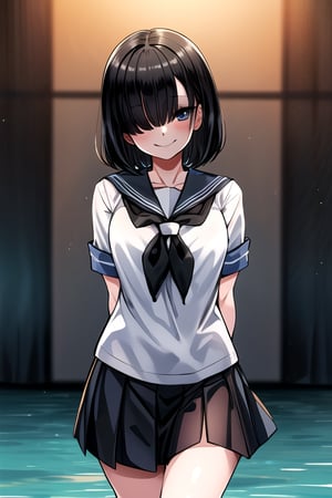 masterpiece, best quality, (solo:1.3),1girl sailor suite,skirt, beautiful detailed water, arms_behind_back,,black_hair,looking_at_viewer,seductive smile,(hair over eyes:1.3), 