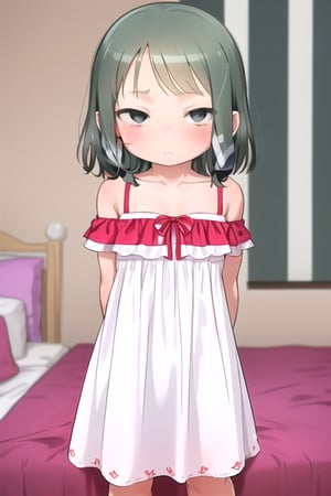 masterpiece, best quality, solo,looking at viewer, 1girl, arms behind back , looking at viewer, in bedroom,(loli:1.3), in white and red style, night, sleeveless dress, (horizontal stripes:1.2), off_shoulder, 