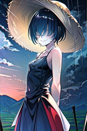 masterpiece, best quality, solo, 1girl,arms behind back,loli,rain, small_breast, smile,(dusk:1.3), Beside the rice fields,black_hair red dress,straw hat,(no eyes:1.2), wet_clothes