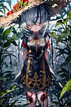 masterpiece, best quality, solo, 1girl,arms behind back,loli,rain, small_breast, smile,(dusk:1.3), Beside the rice fields,black_hair red dress,straw hat,(no eyes:1.2), wet_clothes