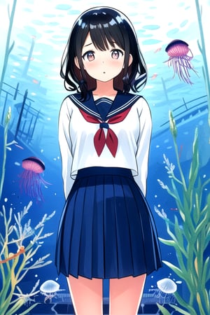 masterpiece, best quality, (solo:1.1), 1girl ,looking at viewer,in red and black style,( arms behind back :1.3),fish, stairs, scenery, solo, skirt, railing, black hair,  underworld, like aquarium, school uniform, long wavy hair, underwater, serafuku, wide shot, jellyfish, pleated skirt, bubble, coral, underworld,watercolor,shaonv,kawaiitech,Underwater world,