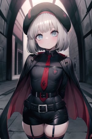 masterpiece, best quality, solo, 1girl, (arms behind back:1.1),loli,dark tunnel,looking at viewer, vesti (nikke),red necktie, black thighhighs, cape, long sleeves, beret, black shorts,tactics_belt