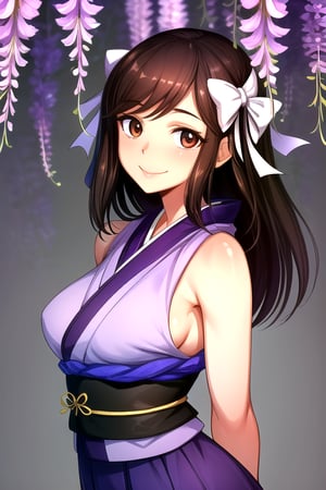 masterpiece, best quality, (solo:1.1), 1girl , arms behind back,looking_at_viewer,japan_dress,brown hair,white bows,wisteria forest background,symmetrical,in purple and black style,obi,smile,curvy