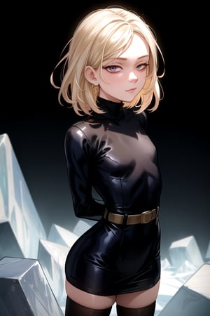 masterpiece, best quality, (solo:1.3),small_breast, in ice of cube ,arms behind back,blonde,black_eyes, looking_at_viewer, half-closed_eyes,curvy,blue turtleneck dress,belt,long_sleeves,belt,red_eye,stockings