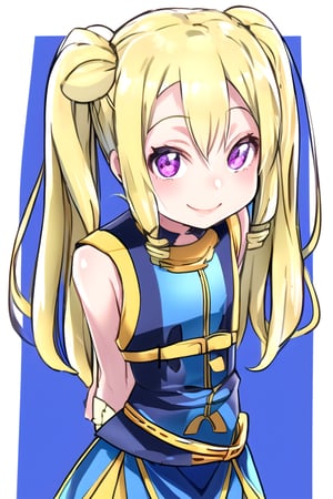 masterpiece, best quality,solo,1girl, looking at viewer, arms behind back, black leotard, blue sleeveless  jacket , blue skirt,mesugaki, belt,(loli:1.3),smile,twintails,blonde drill hair, bubbles background