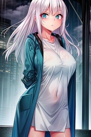 masterpiece, best quality,solo,1girl, looking at viewer, (arms behind back:1.3),green and blue style,city roof backgrounds,long raincoat,long_sleeves,sleeves_past_wrist,gigantic_breasts,curvy,raining,dusk