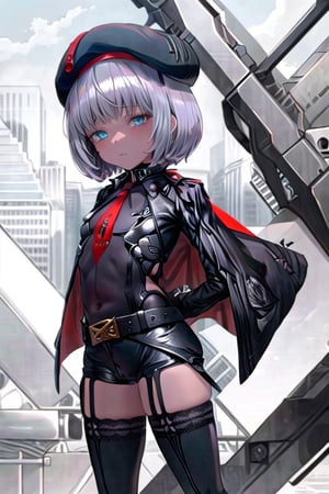 masterpiece, best quality, solo, 1girl, (arms behind back:1.1),loli,dark tunnel,looking at viewer, vesti (nikke),red necktie,black bodysuit, black thighhighs, cape, long sleeves, beret, black shorts,belt