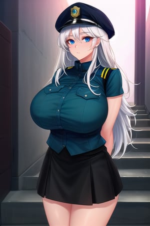 masterpiece, best quality,solo,1girl, looking at viewer, arms behind back,gigantic_breasts ,vest, long hair, blue eyes,white hair, messy hair, hat,  black skirt,police uniform,short sleeves,stairs ,dusk