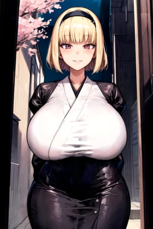 masterpiece, best quality, (solo:1.3),1girl,flowers on the other side,hairband,black japan dress,obi, tomboy,,arms_behind_back,,black_hair,looking_at_viewer,gigantic_breast,seductive smile, long_sleeves,blonde,oversized_clothes