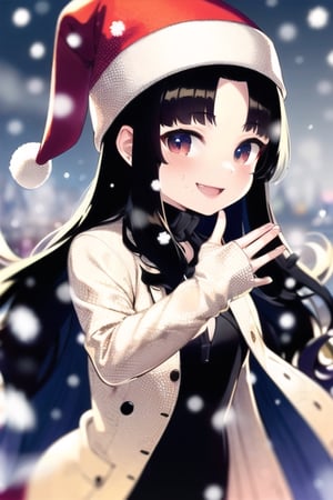 masterpiece, best quality,face focus,girl ,(black dress, jacket, snow),skirt,very long hair, black hair, curly_hair,christmas_hat,christmas style,smile