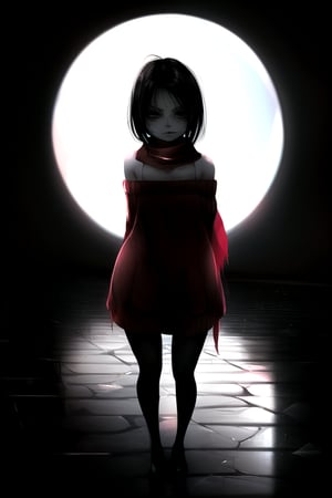 masterpiece, best quality, (solo:1.1), 1girl , arms behind back,looking_at_viewer,horror theme,sweater,(mini_girl:1.3), off_shoulder,loli,black stockings,snow, reflection,broken glass,red scarf,short_hair