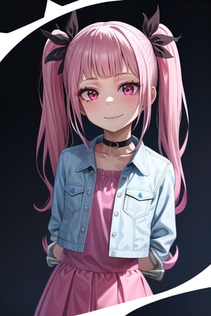 masterpiece, best quality,solo, cosplay, 1girl, black  hair,little girl,loli,mesugaki,looking at viewer,smile,in dark hole, arms behind back ,choker,off_shoulders,pink  streaked hair, twin_tails,collared_shirt,cropped_jacket,blue elbow_gloves