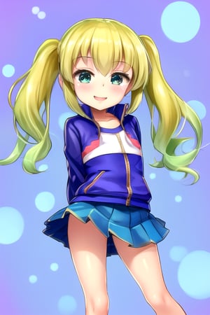 masterpiece, best quality,solo,1girl, looking at viewer, arms behind back, black crop top ,open jacket,  blue skirt,mesugaki, (loli:1.3),smile,twintails,blonde hair, bubbles background