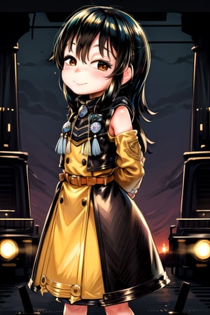 masterpiece, best quality, (solo:1.3), 1girl ,in yellow and black style,dusk,( arms behind back , :1.3),(loli:1.3),train station,black hair, long hair,honeycomb pattern oversized coat ,belt,smile,lab