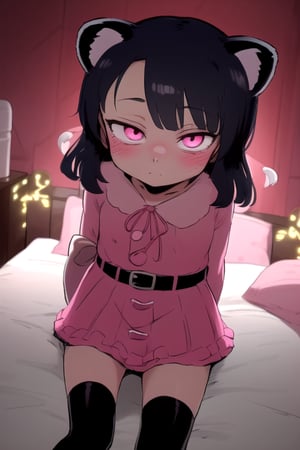 masterpiece, best quality, solo,looking at viewer, 1girl, raccoon dog girl, arms behind back , looking at viewer, various fluttering ribbons,in bedroom,(loli:1.3), in black and pink style, night, eyes glowing,belt,